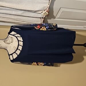 Embroidered Navy Top with Floral Sleeves